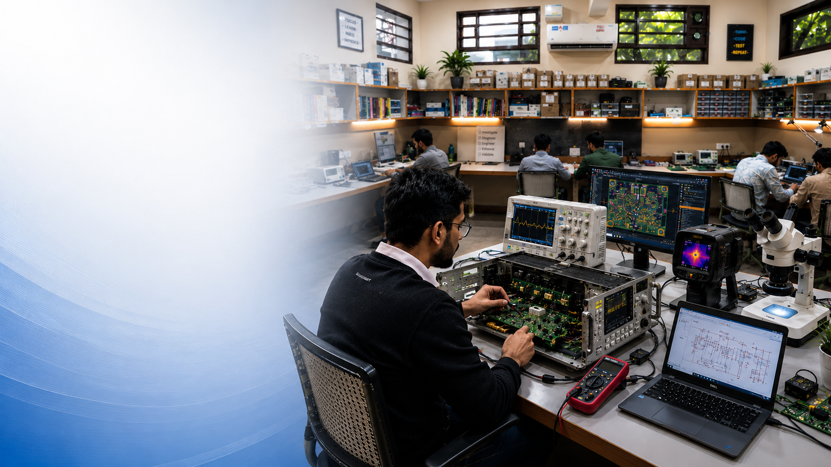 MAPS Technologies engineer diagnosing an open electronic instrument in the engineering laboratory
